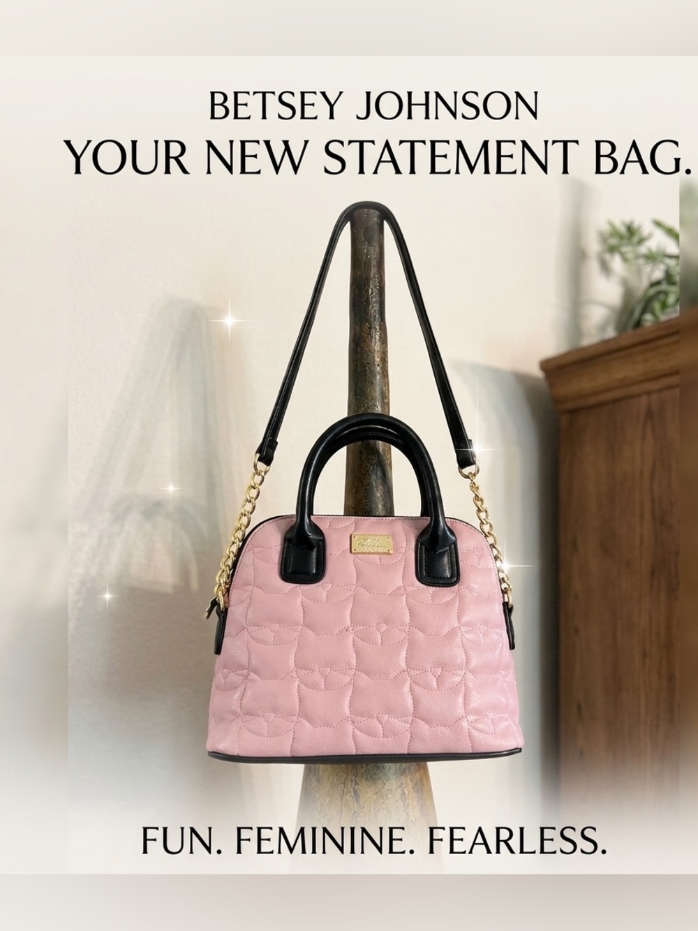 LUV BETSEY Pink Quilted Crossbody Handbag with Black Accents double straps EUC